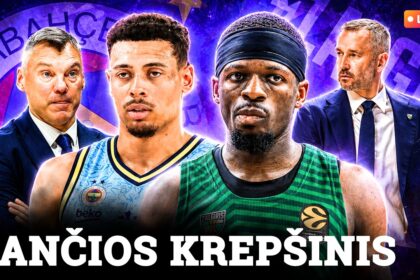 Two basketball players in uniform with two coaches in suits on a purple studio background; LIVE badge top-right and bold title text at bottom.