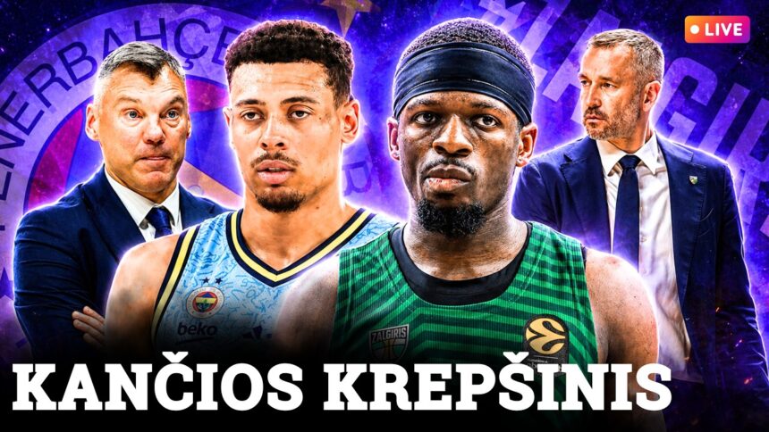 Two basketball players in uniform with two coaches in suits on a purple studio background; LIVE badge top-right and bold title text at bottom.