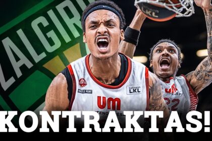 Two basketball players in white uniforms dunk toward the hoop, one shouting, with a green ZALGIRIS logo in the background and bold KONTRAKTAS! text at the bottom.