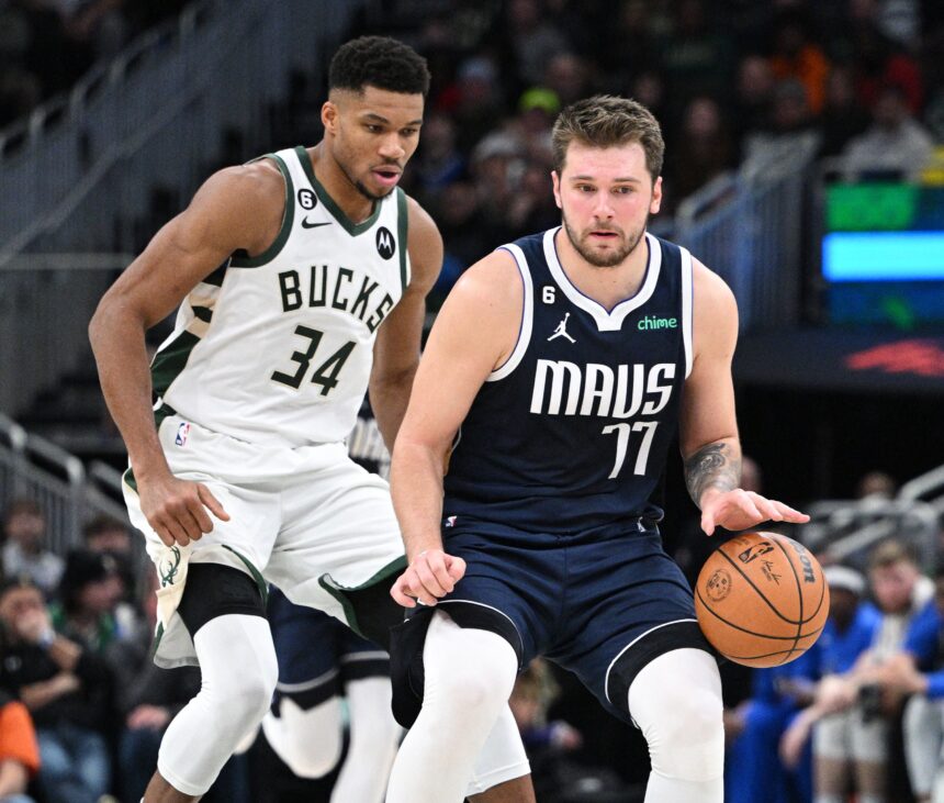 Giannis Antetokounmpo ir Luka Dončičius (Michael McLoone-USA TODAY Sports-SCANPIX nuotr.)