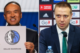 Markas Tatumas ir Paulius Motiejūnas (Scanpix nuotr.)