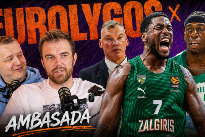 Collage of sports hosts with athletes, bold 'AMBASADA' text at bottom, vibrant purple-orange background.