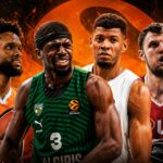 Four basketball players in team uniforms stand together against an fiery orange background, ready for action. one holds a basketball partially visible at the left