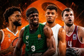 Four basketball players in team uniforms stand together against an fiery orange background, ready for action. one holds a basketball partially visible at the left