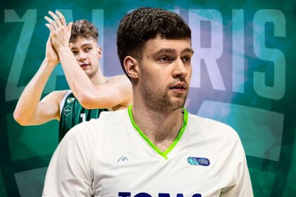Two basketball players on a teal geometric backdrop: a foreground player in a white jersey with lime trim, and a green-jersey teammate clapping behind him.