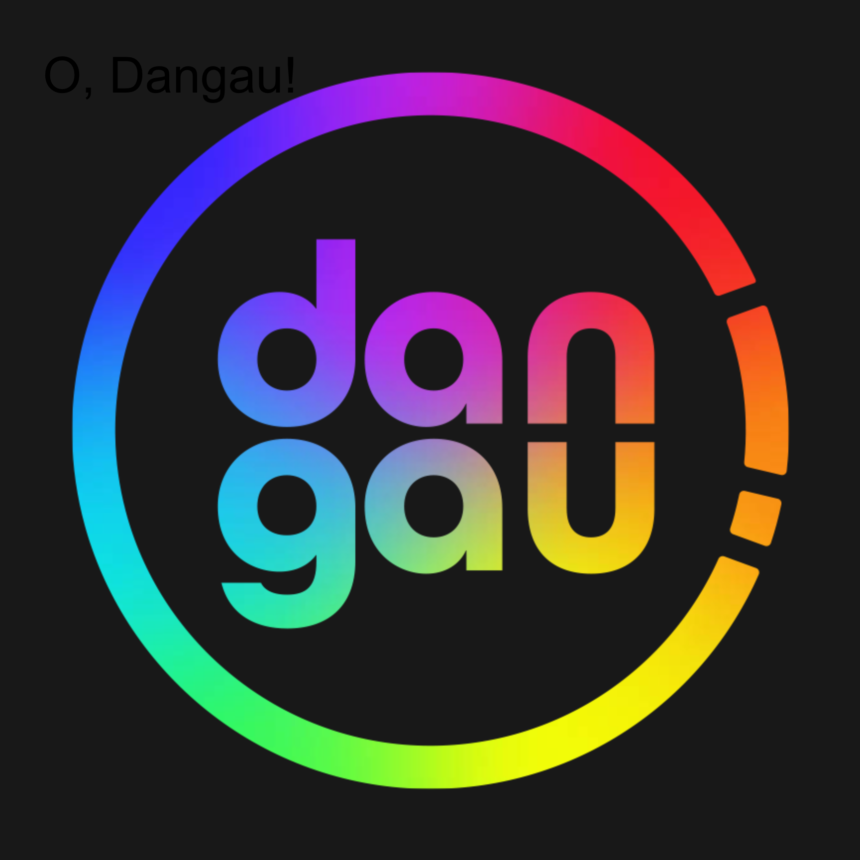 Rainbow-gradient circular logo with the word 'dang!' on a black background.