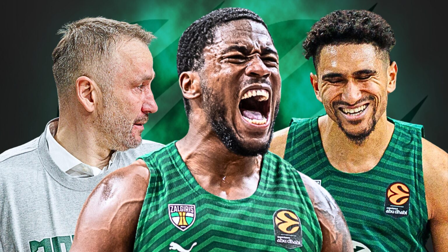 Three basketball players in green jerseys celebrate together; the central player shouts while the teammate on the right smiles, and a coach in a gray sweatshirt looks on from the left.