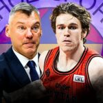 Coach in a dark suit and a basketball player in a red jersey stand side by side in front of a purple circular logo backdrop.