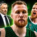 Zalgiris basketball montage: central bearded player in a green jersey, shouting teammate on the right, and a suited coach on the left with the team crest in the background.