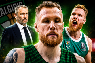 Zalgiris basketball montage: central bearded player in a green jersey, shouting teammate on the right, and a suited coach on the left with the team crest in the background.