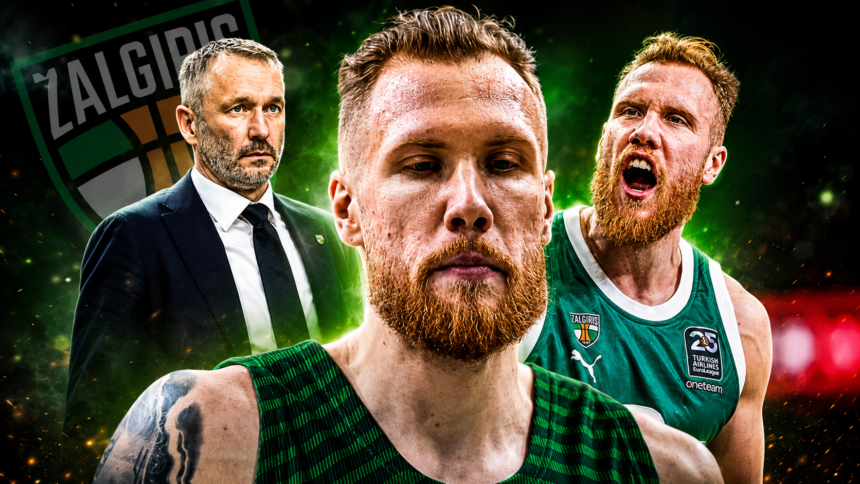 Zalgiris basketball montage: central bearded player in a green jersey, shouting teammate on the right, and a suited coach on the left with the team crest in the background.