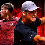 Two male tennis players in action: one in a maroon shirt with a clenched fist, the other in a dark shirt and cap reaching forward, red energy behind them.