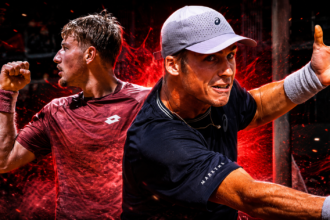 Two male tennis players in action: one in a maroon shirt with a clenched fist, the other in a dark shirt and cap reaching forward, red energy behind them.