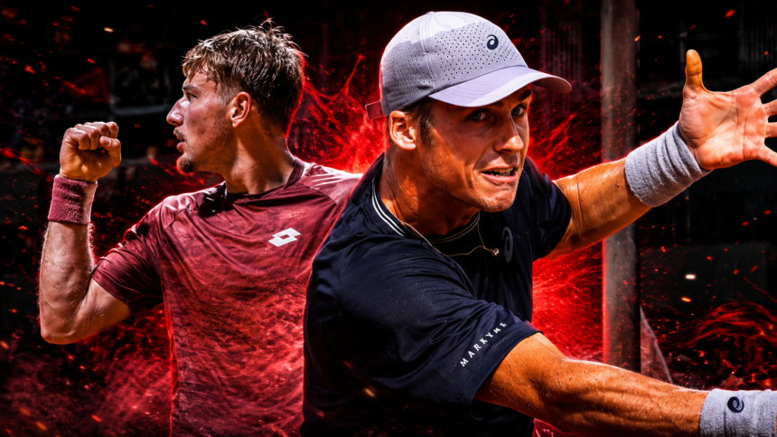 Two male tennis players in action: one in a maroon shirt with a clenched fist, the other in a dark shirt and cap reaching forward, red energy behind them.