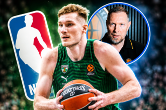 Basketball player in a green Zalgiris jersey driving with a ball; coach’s portrait appears in a blue circular inset behind him.