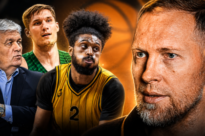 Collage of four men connected to basketball—a coach in a suit, a green-uniform player, a yellow-uniform player, and a close-up man against a warm orange backdrop.