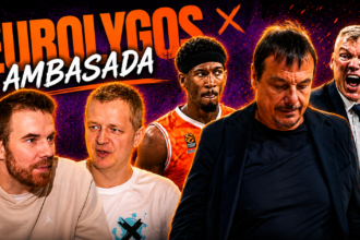 Group of five men in a bold, dramatic poster for a Euros Lycos X Ambasada collaboration, with an orange-purple background and large title text.