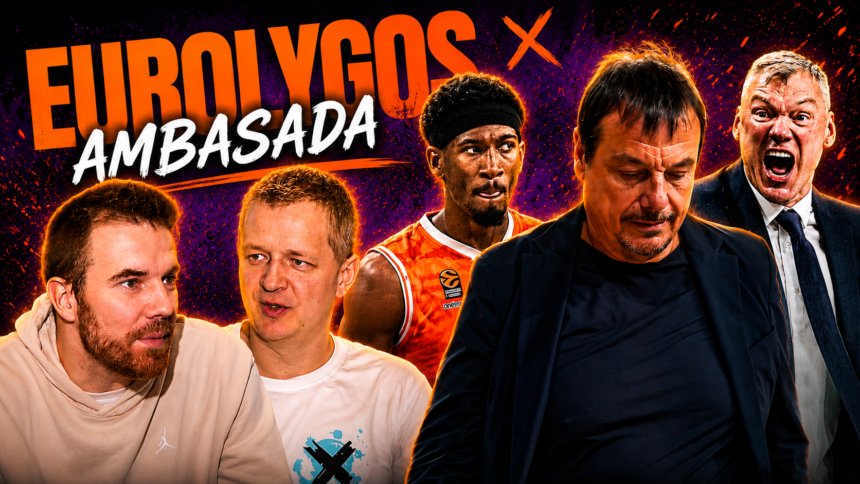 Group of five men in a bold, dramatic poster for a Euros Lycos X Ambasada collaboration, with an orange-purple background and large title text.