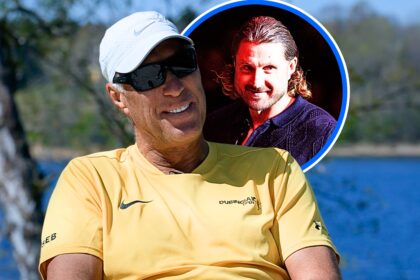 Smiling man in a yellow shirt sits outdoors by a lake, with a circular inset photo of another man with long hair in a dark shirt overlapping the frame.