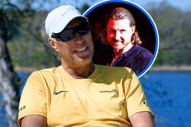 Smiling man in a yellow shirt sits outdoors by a lake, with a circular inset photo of another man with long hair in a dark shirt overlapping the frame.
