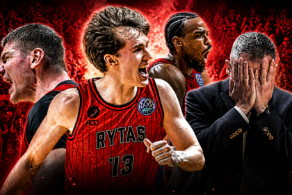 Basketball players celebrate on court, central figure shouting in a red RYTA S jersey, surrounded by teammates and a masked coach in suit in a red arena crowd.