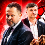 Two men in suits stand back-to-back against a bold red background with a circular emblem behind them.