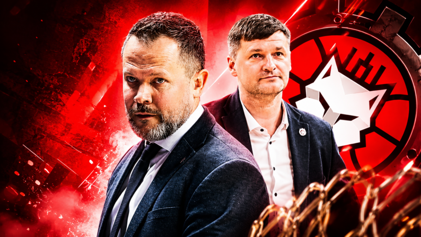 Two men in suits stand back-to-back against a bold red background with a circular emblem behind them.