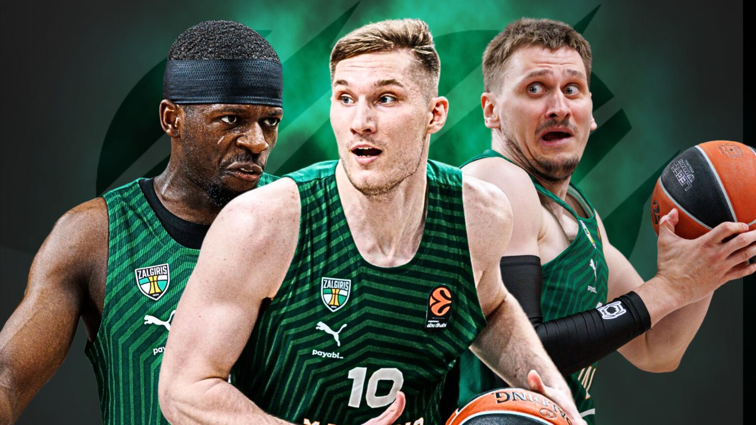 Three basketball players in green Žalgiris jerseys sprint toward the camera, one holding a basketball on the right side.
