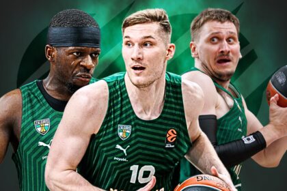 Three basketball players in green Žalgiris jerseys sprint toward the camera, one holding a basketball on the right side.