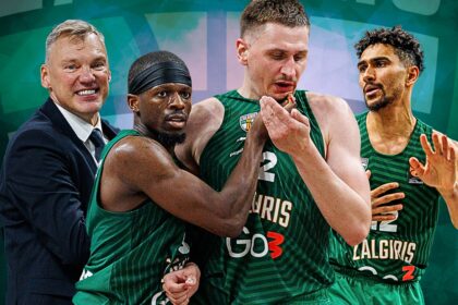 Coach in a suit stands with three Zalgiris basketball players in green jerseys, all celebrating together on the court.