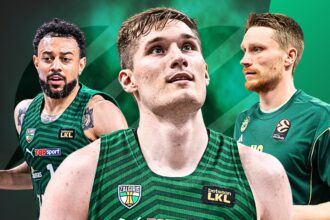 Three basketball players in green Žalgiris uniforms pose together for a promo image with a green gradient background.