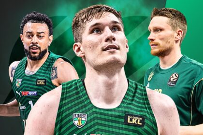 Three basketball players in green Žalgiris uniforms pose together for a promo image with a green gradient background.