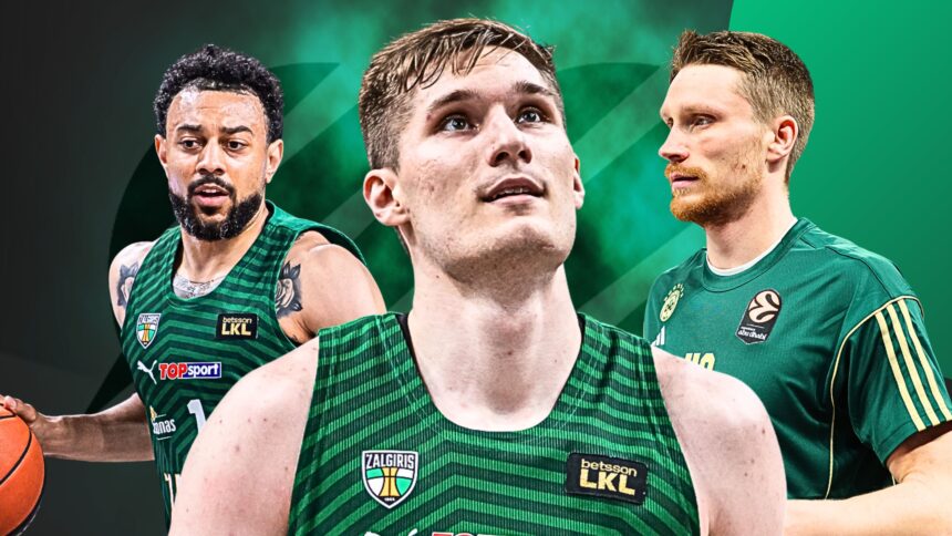 Three basketball players in green Žalgiris uniforms pose together for a promo image with a green gradient background.