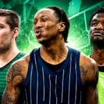 Three male athletes wearing sleeveless jerseys stand together against a green abstract background, looking confident.