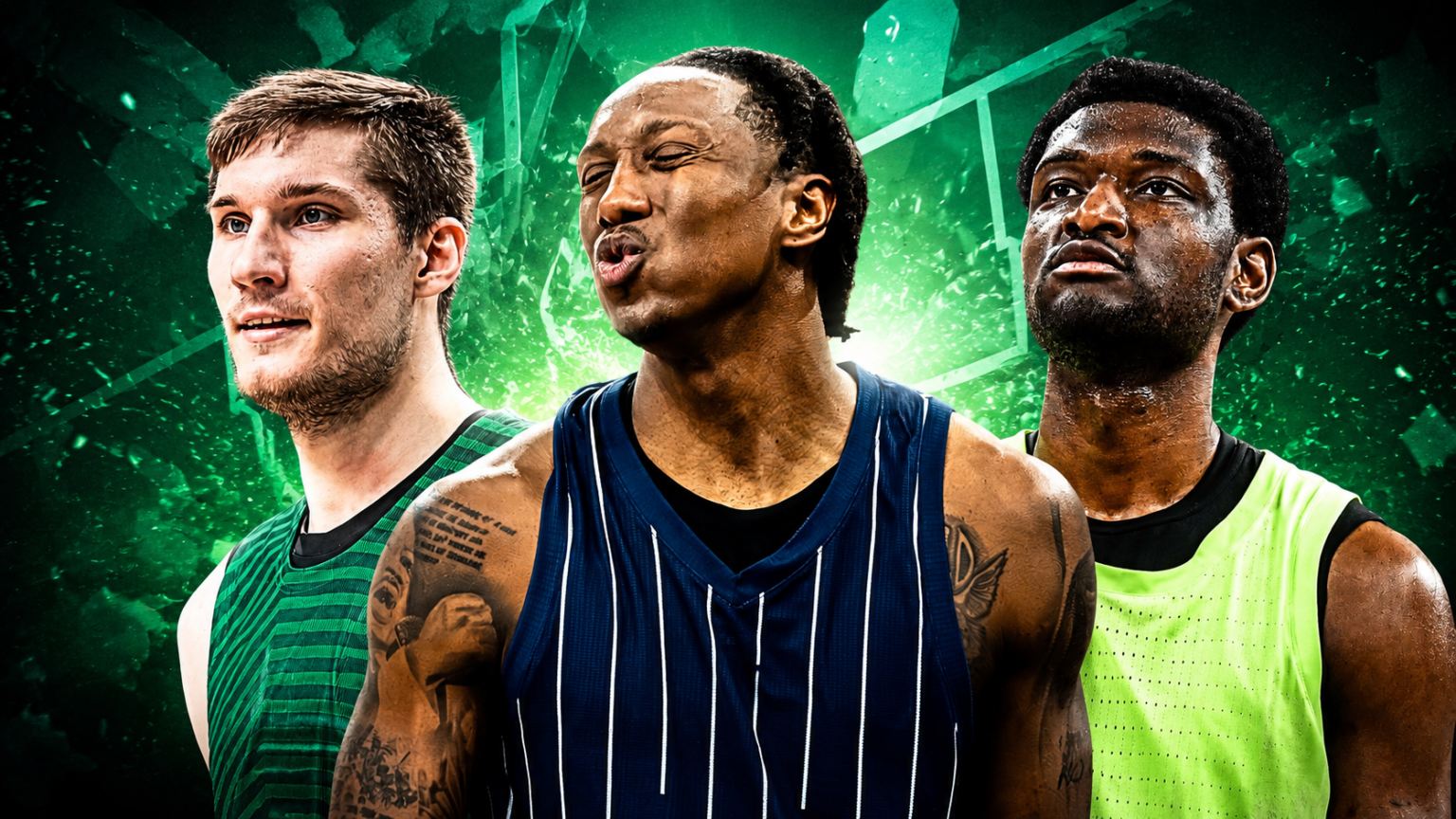Three male athletes wearing sleeveless jerseys stand together against a green abstract background, looking confident.