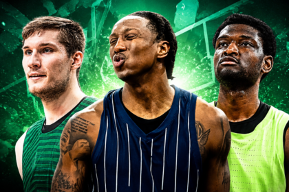 Three male athletes wearing sleeveless jerseys stand together against a green abstract background, looking confident.