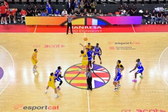 Basketball game on a wooden court with yellow and blue teams contesting under a referee, spectators in the stands behind.