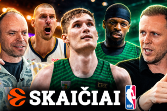 Five basketball players look upward in a vibrant arena, with bold white text and an NBA logo at the bottom.