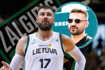 Lithuanian basketball player in a white LIETUVA jersey with number 17, standing with a teammate, during a game with graphic green ring overlay.