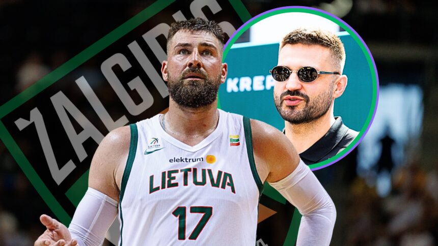 Lithuanian basketball player in a white LIETUVA jersey with number 17, standing with a teammate, during a game with graphic green ring overlay.