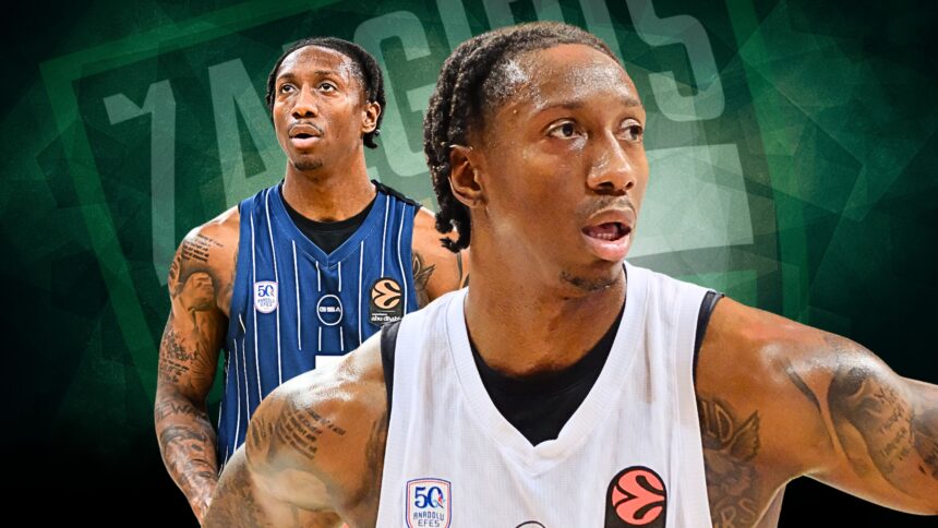 Two basketball players on a green geometric background; foreground player in a white jersey with tattoos, looking to the right, with a blue-striped player behind him.
