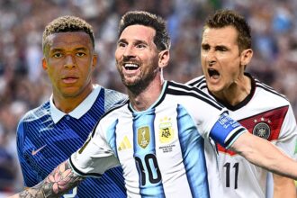 Three soccer players celebrate on the field; center wears an Argentina jersey flanked by teammates in blue and white and a German kit to the right.