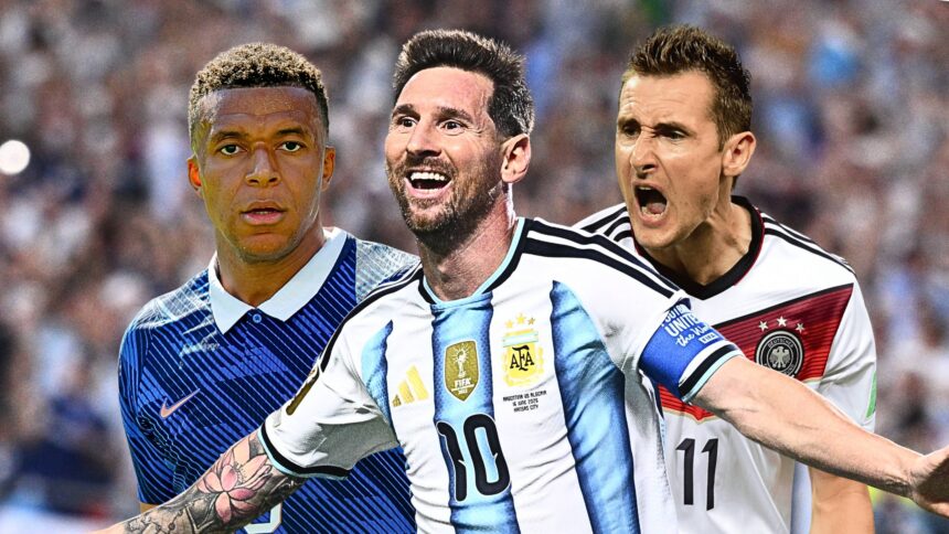 Three soccer players celebrate on the field; center wears an Argentina jersey flanked by teammates in blue and white and a German kit to the right.