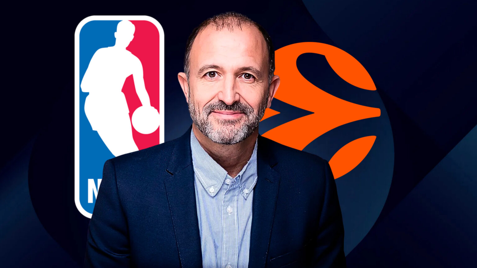 Portrait of a middle-aged man in a suit, standing in front of a basketball league logo on the left and an orange abstract symbol on the right.