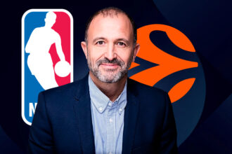 Portrait of a middle-aged man in a suit, standing in front of a basketball league logo on the left and an orange abstract symbol on the right.
