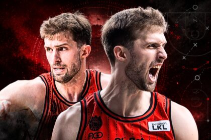 Two male basketball players in red uniforms with intense, determined expressions, set against a dark red, high-tech background.