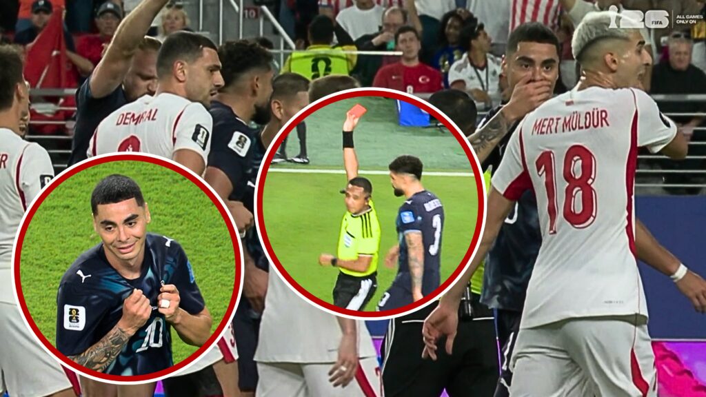 Collage of football players celebrating on the pitch, with a referee showing a red card in the central circle and teammates surrounding him.