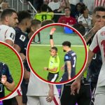 Collage of football players celebrating on the pitch, with a referee showing a red card in the central circle and teammates surrounding him.