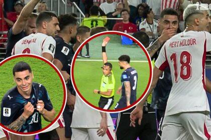Collage of football players celebrating on the pitch, with a referee showing a red card in the central circle and teammates surrounding him.