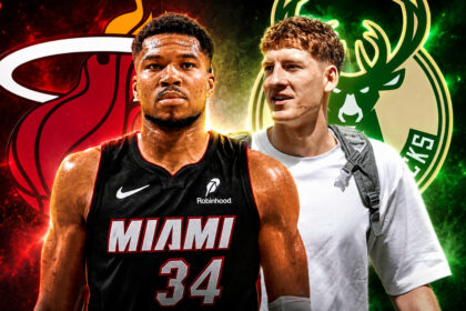 Two basketball players standing side by side in front of bold team logos: left in a Miami Heat black jersey #34, right in a white shirt with a backpack.